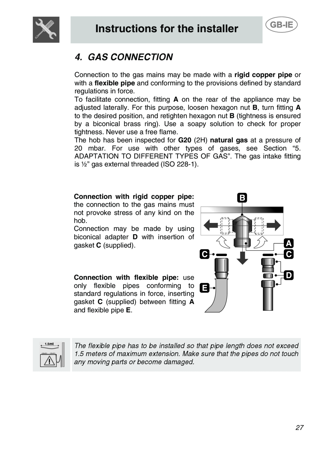 Smeg AP704S3 manual Gas Connection, Instructions for the installer 