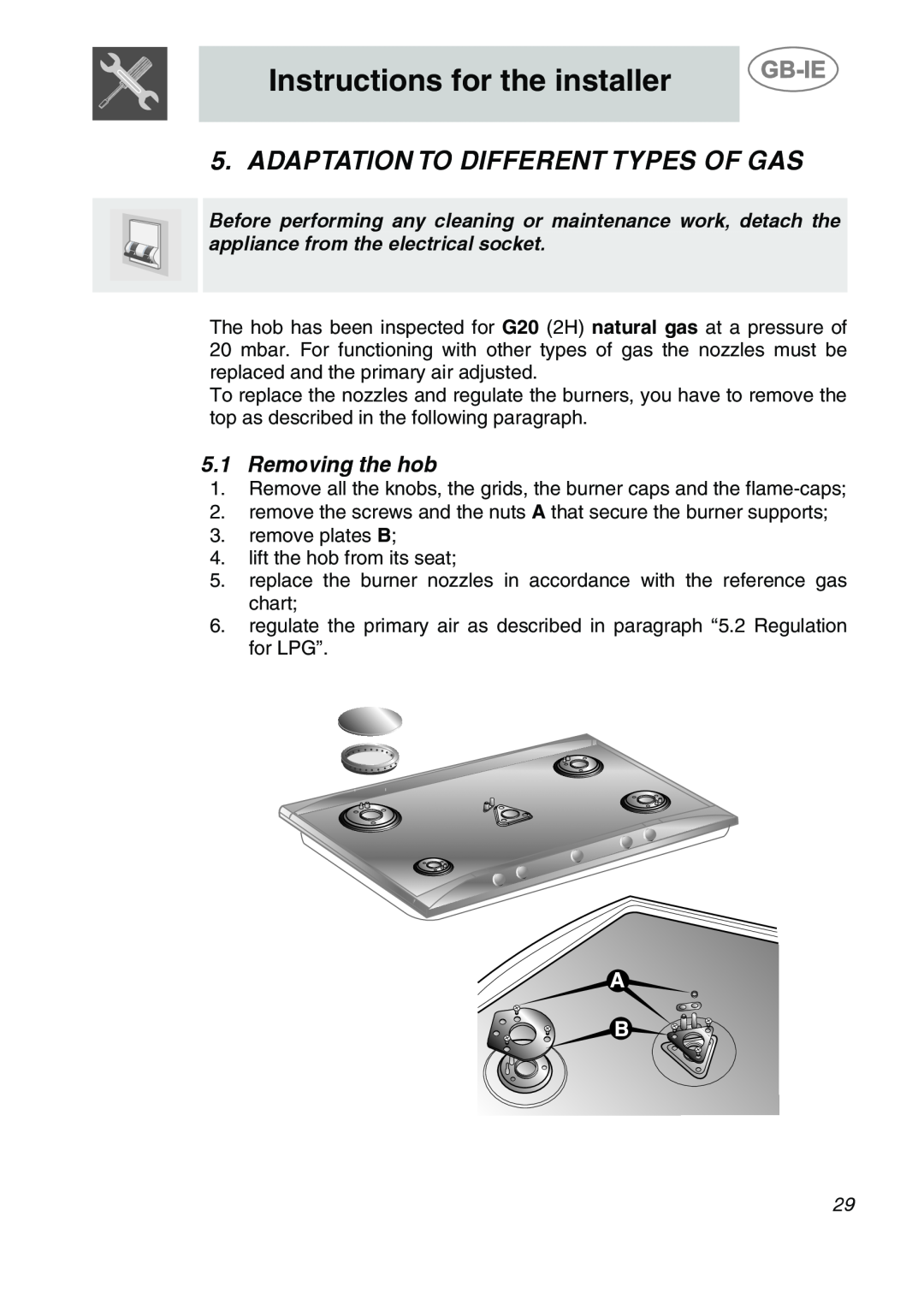 Smeg AP704S3 manual Adaptation To Different Types Of Gas, Removing the hob, Instructions for the installer 
