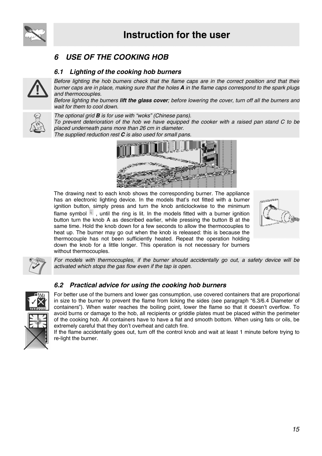 Smeg APC61XVG, APC61BVG manual USE of the Cooking HOB, Lighting of the cooking hob burners 