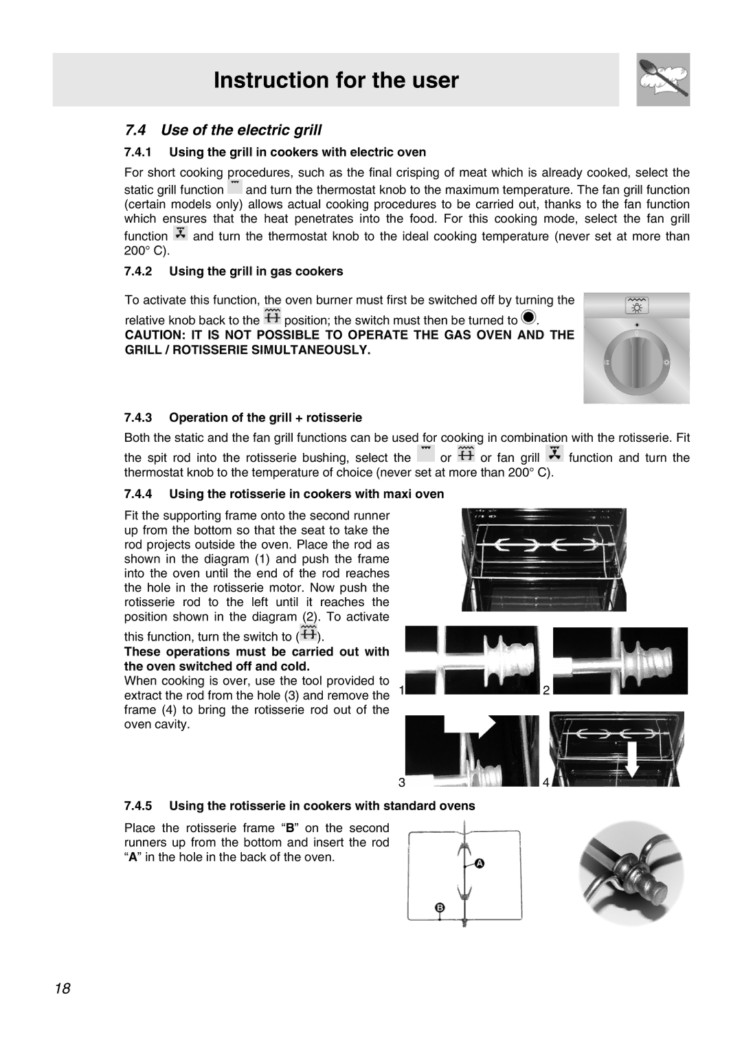 Smeg APC61BVG, APC61XVG manual Use of the electric grill, Grill / Rotisserie Simultaneously 