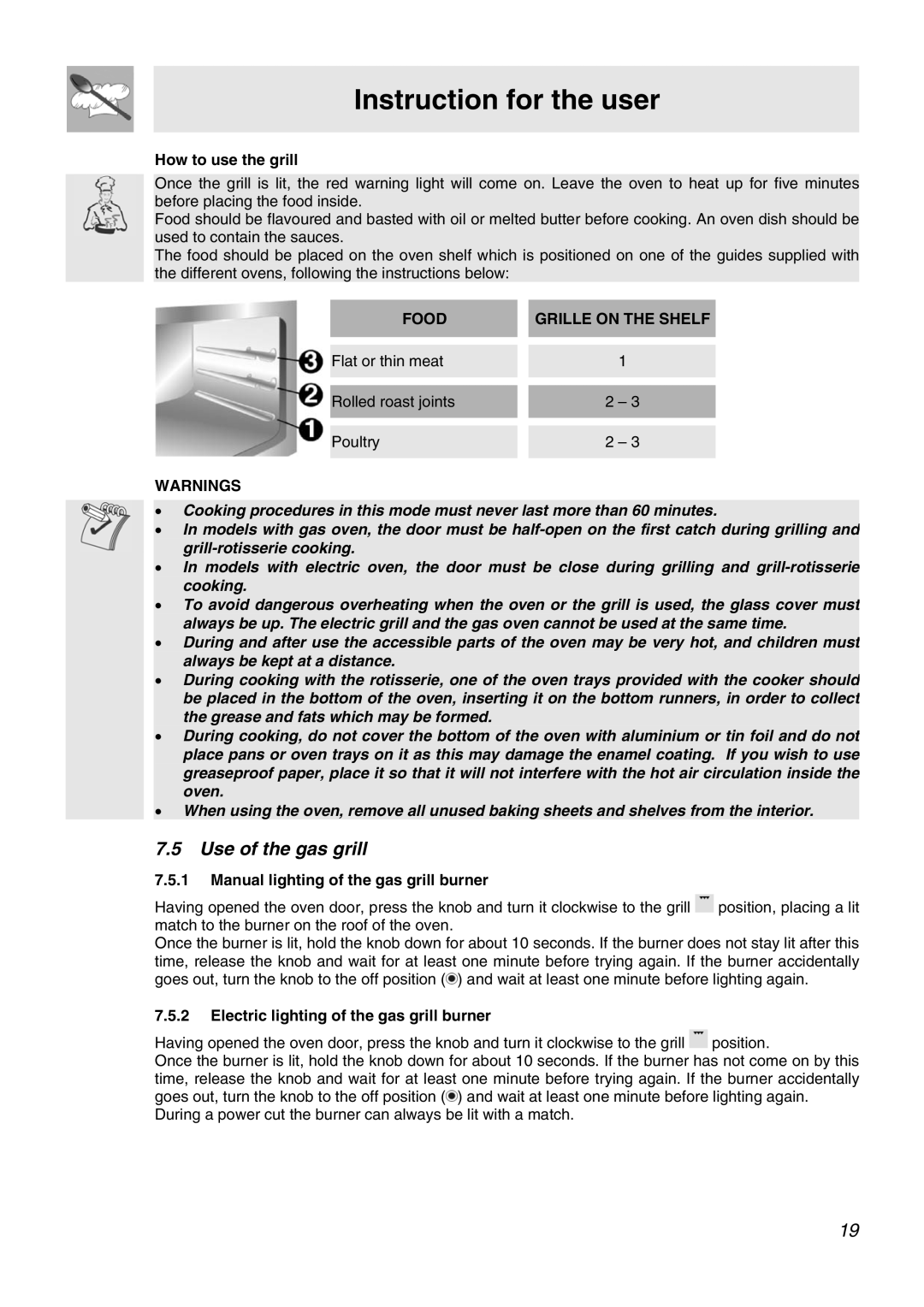 Smeg APC61XVG, APC61BVG manual Use of the gas grill, How to use the grill, Food Grille on the Shelf 