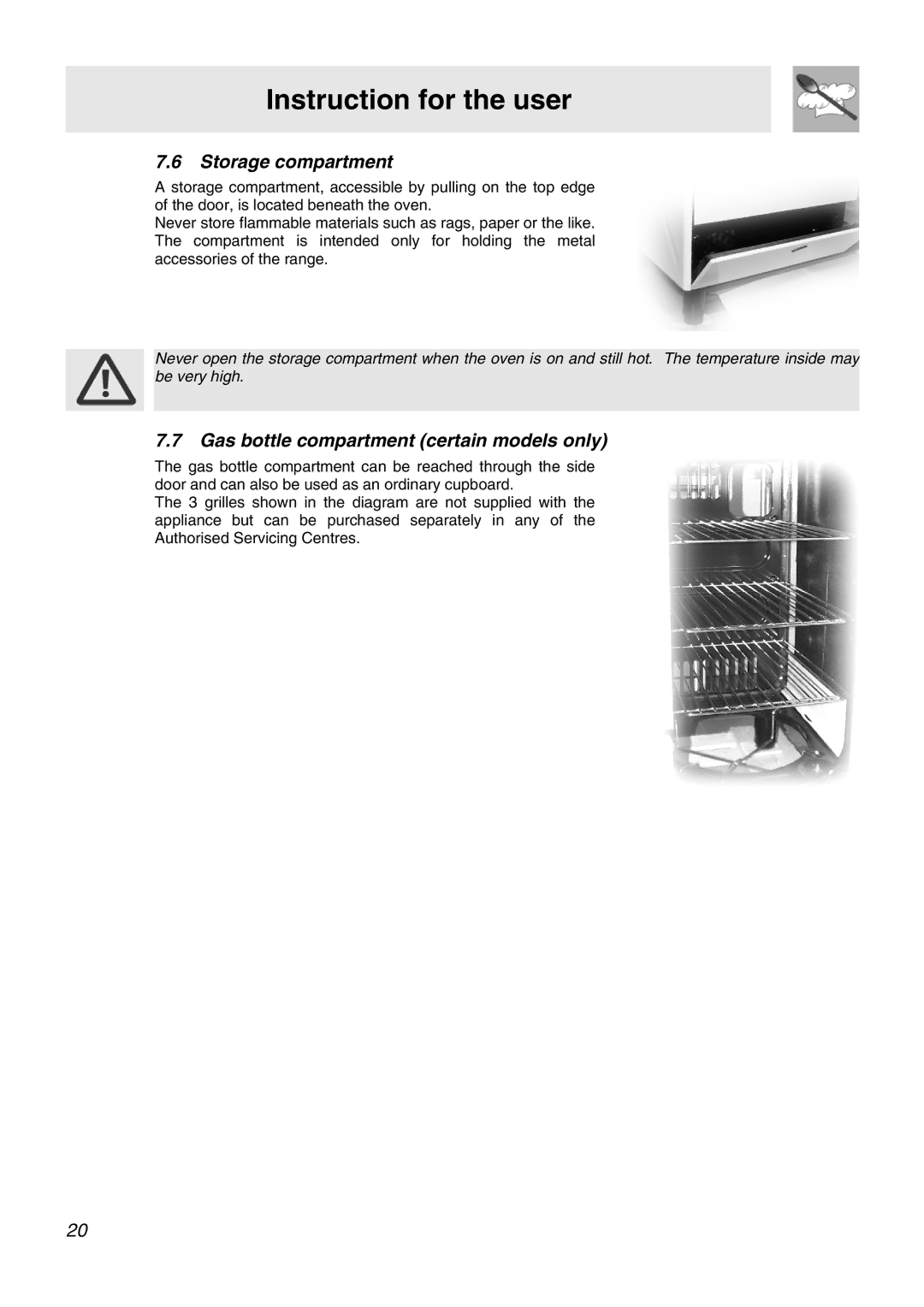 Smeg APC61BVG, APC61XVG manual Storage compartment, Gas bottle compartment certain models only 