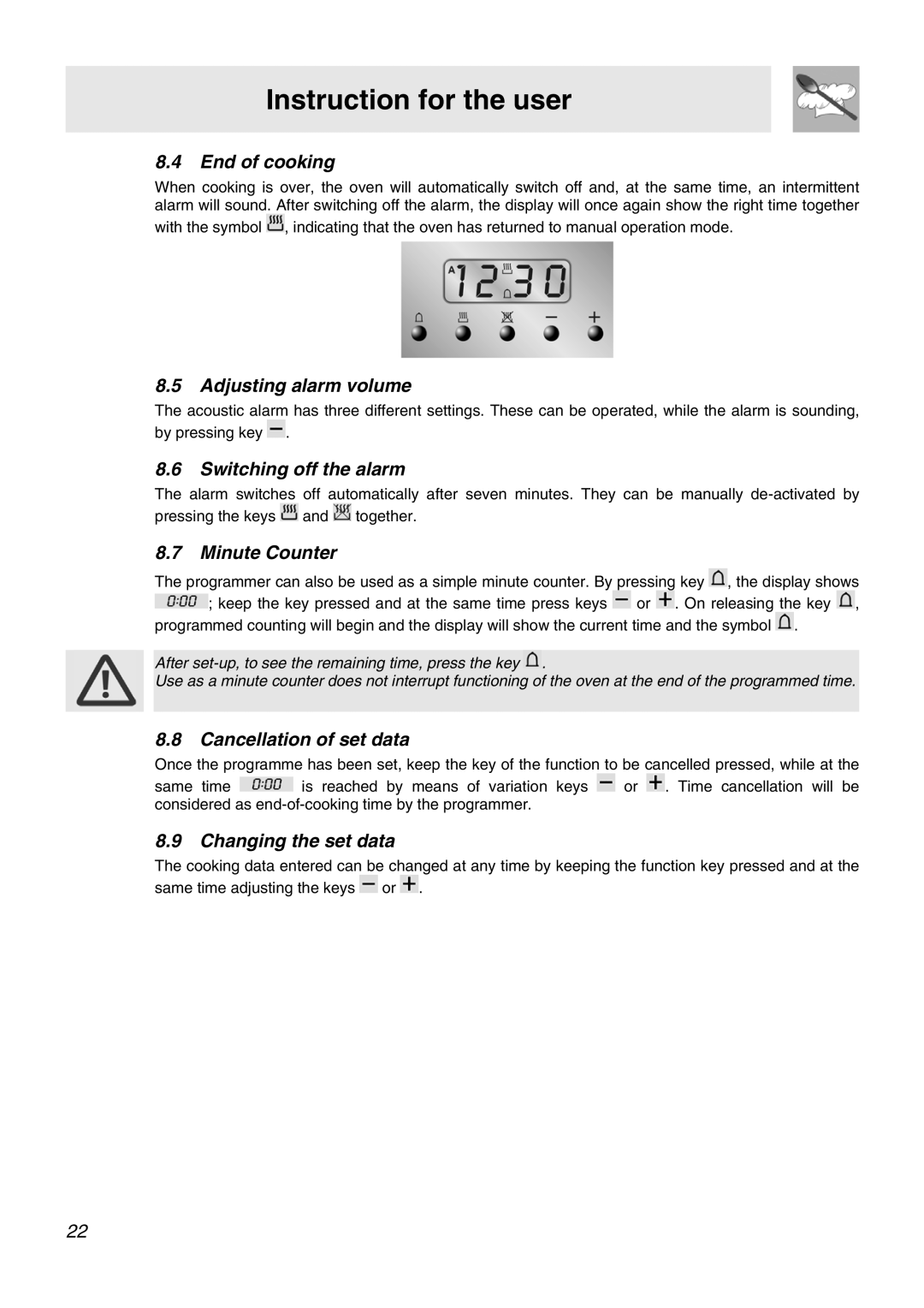 Smeg APC61BVG End of cooking, Adjusting alarm volume, Switching off the alarm, Minute Counter, Cancellation of set data 