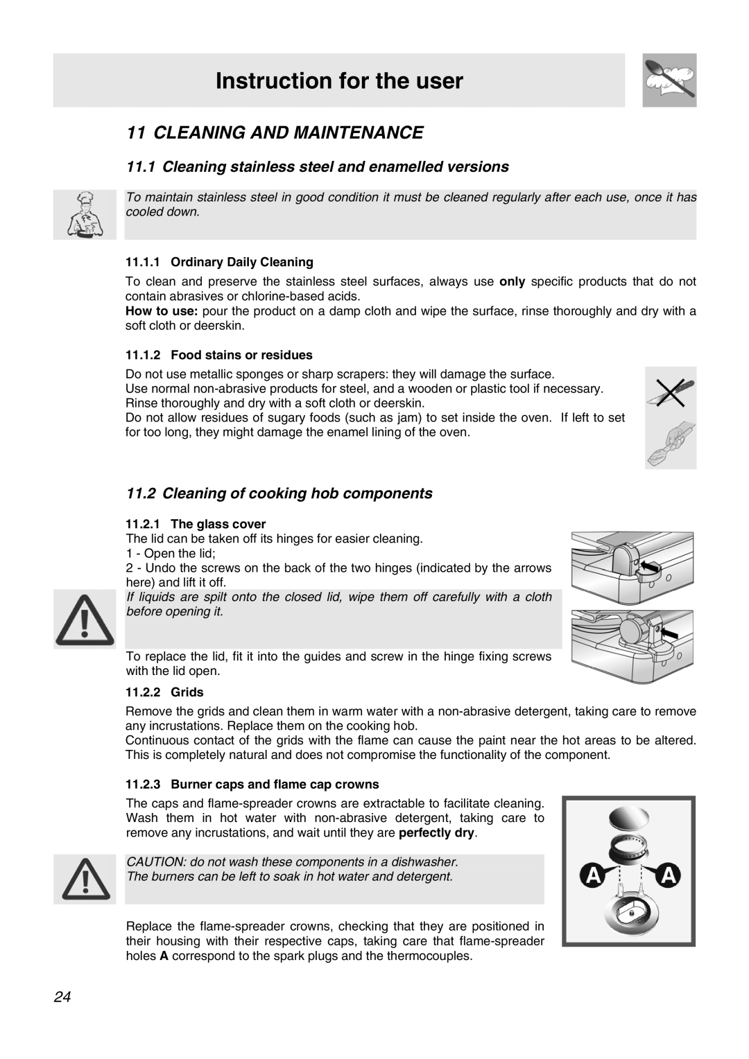 Smeg APC61BVG, APC61XVG manual Cleaning and Maintenance, Cleaning stainless steel and enamelled versions 