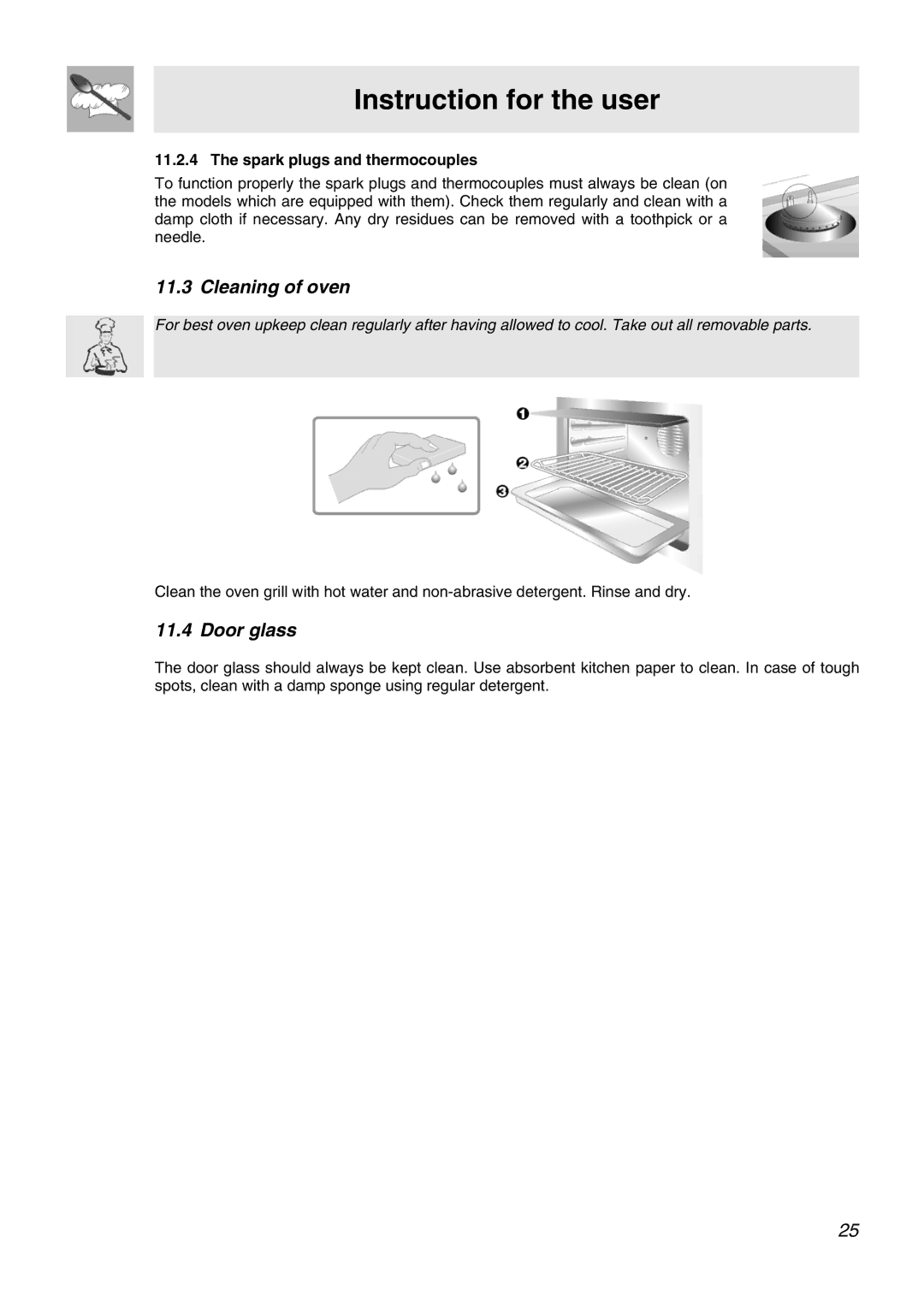 Smeg APC61XVG, APC61BVG manual Cleaning of oven, Door glass, Spark plugs and thermocouples 