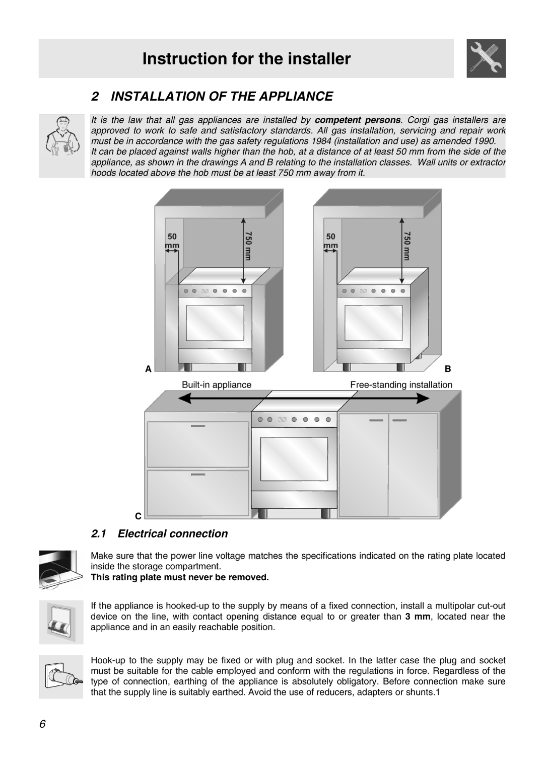 Smeg APC61BVG, APC61XVG manual Instruction for the installer, Installation of the Appliance, Electrical connection 