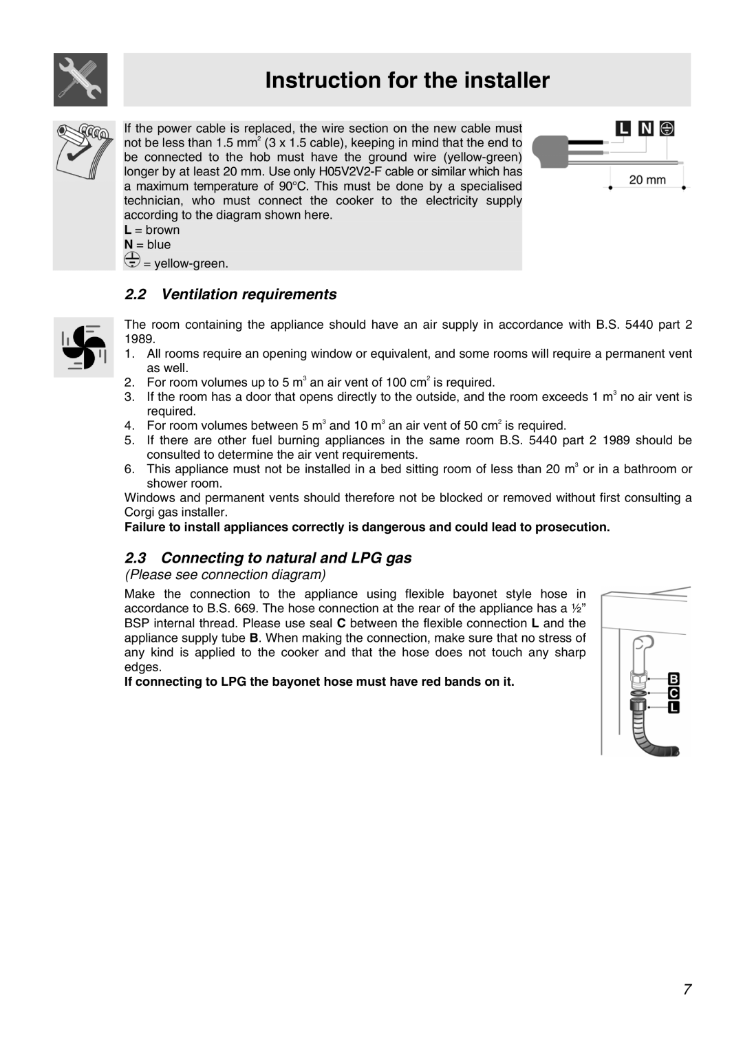 Smeg APC61XVG, APC61BVG manual Ventilation requirements, Connecting to natural and LPG gas 