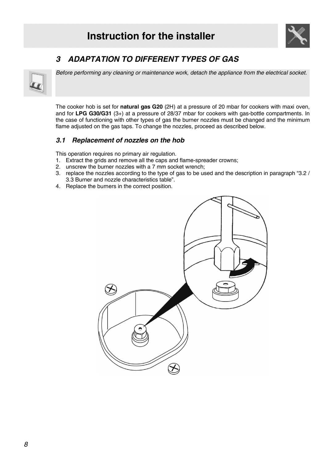 Smeg APC61BVG, APC61XVG manual Adaptation to Different Types of GAS, Replacement of nozzles on the hob 