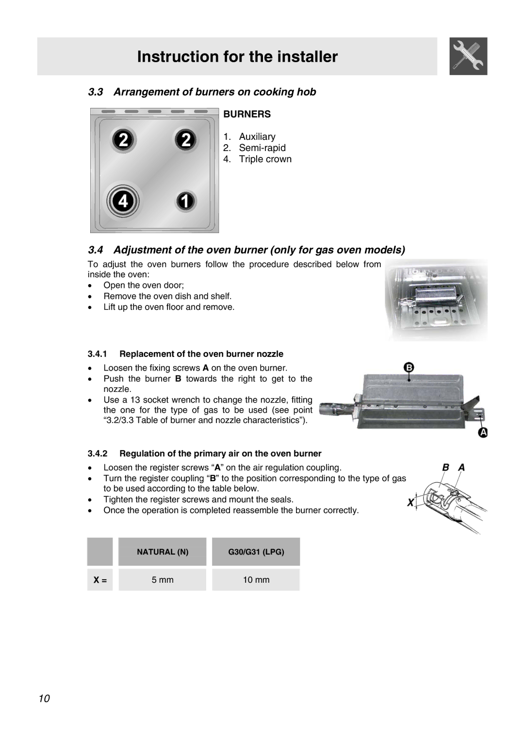 Smeg APC61BVG manual Arrangement of burners on cooking hob, Adjustment of the oven burner only for gas oven models, 10 mm 