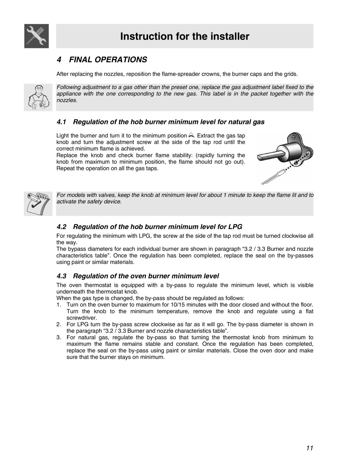 Smeg APC61XVG, APC61BVG manual Final Operations, Regulation of the hob burner minimum level for natural gas 