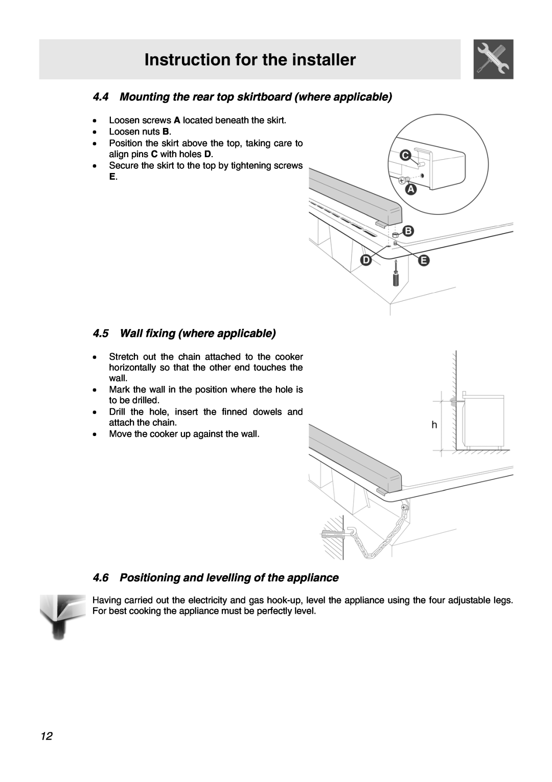 Smeg APC61BVG, APC61XVG manual Mounting the rear top skirtboard where applicable, Wall fixing where applicable 