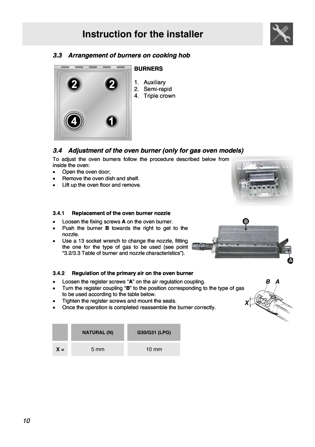 Smeg APC61BVG Arrangement of burners on cooking hob, Adjustment of the oven burner only for gas oven models, Burners, 5 mm 