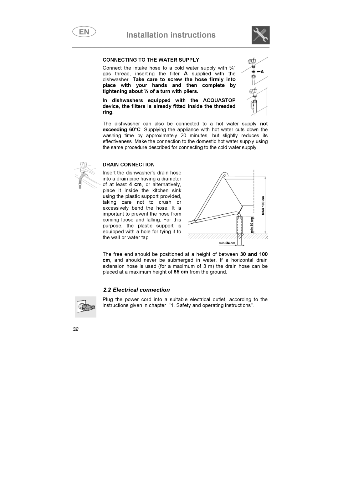 Smeg APL12-1 manual Electrical connection, Connecting to the Water Supply, Drain Connection 