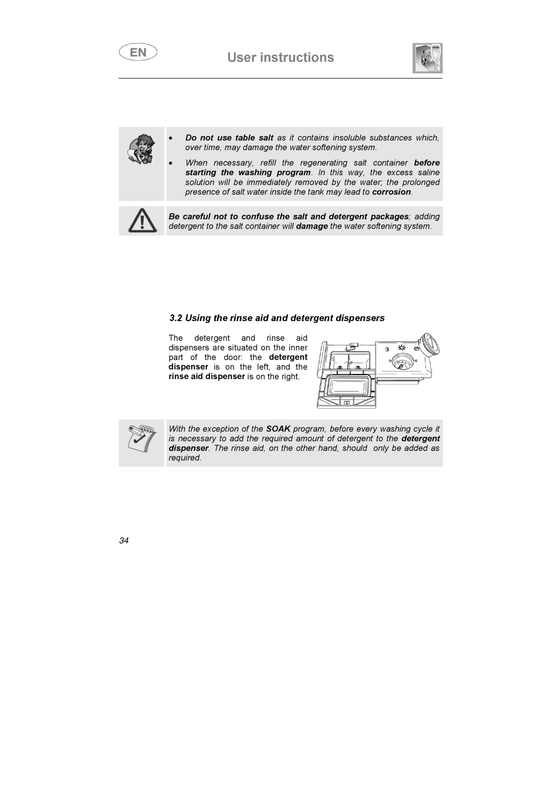 Smeg APL12-1 manual Using the rinse aid and detergent dispensers 