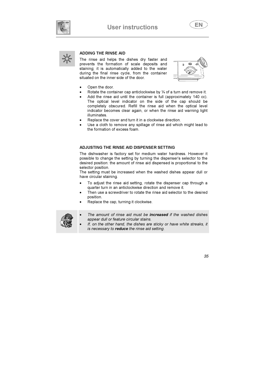 Smeg APL12-1 manual Adding the Rinse AID, Adjusting the Rinse AID Dispenser Setting 