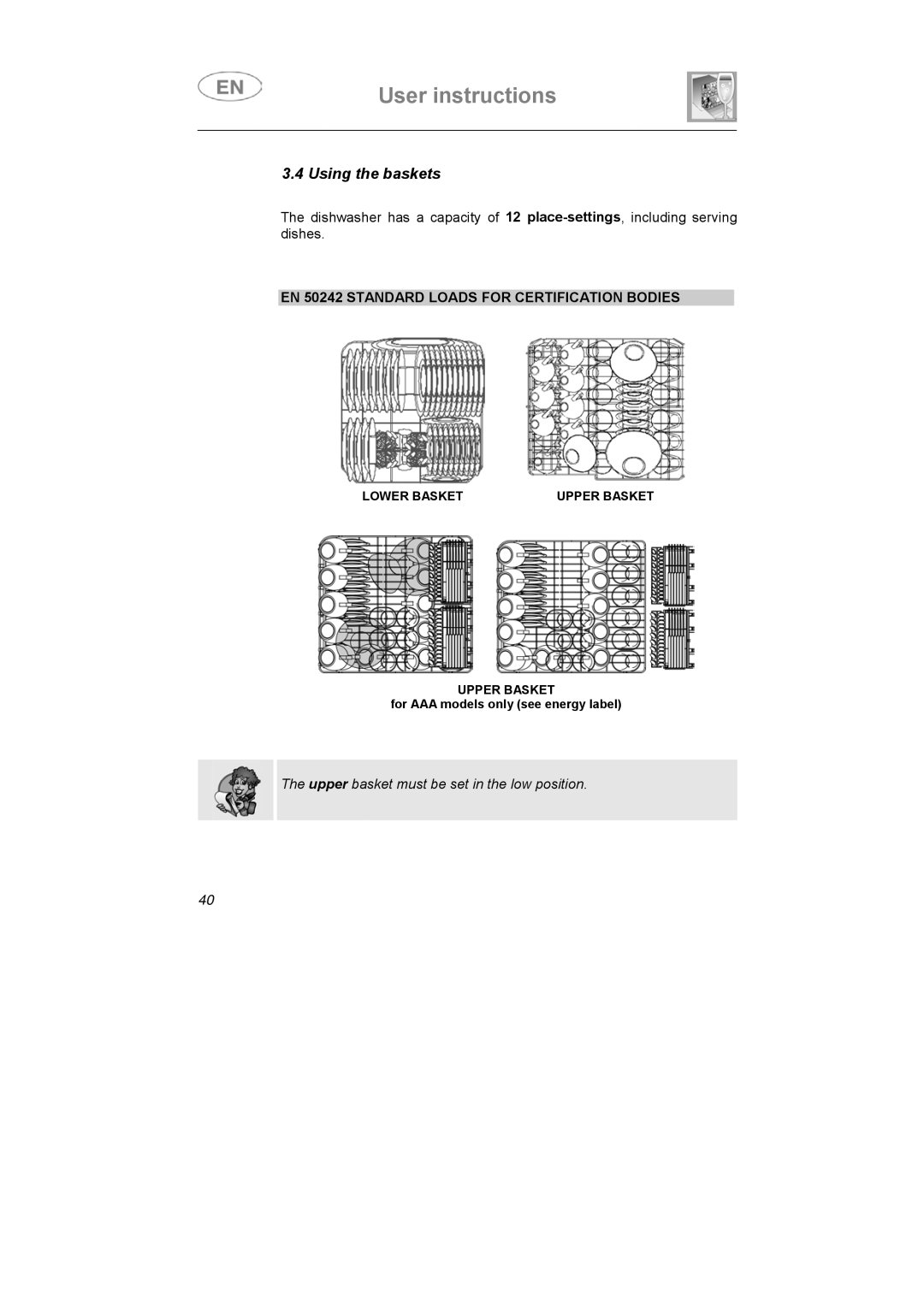 Smeg APL12-1 manual Using the baskets, EN 50242 Standard Loads for Certification Bodies 