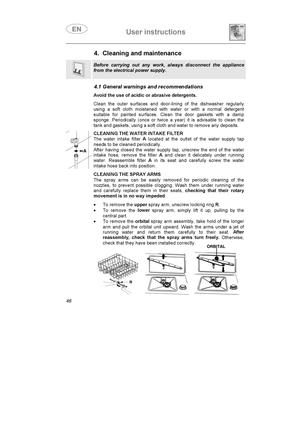 Smeg APL12-1 manual Cleaning and maintenance, Cleaning the Water Intake Filter, Cleaning the Spray Arms 