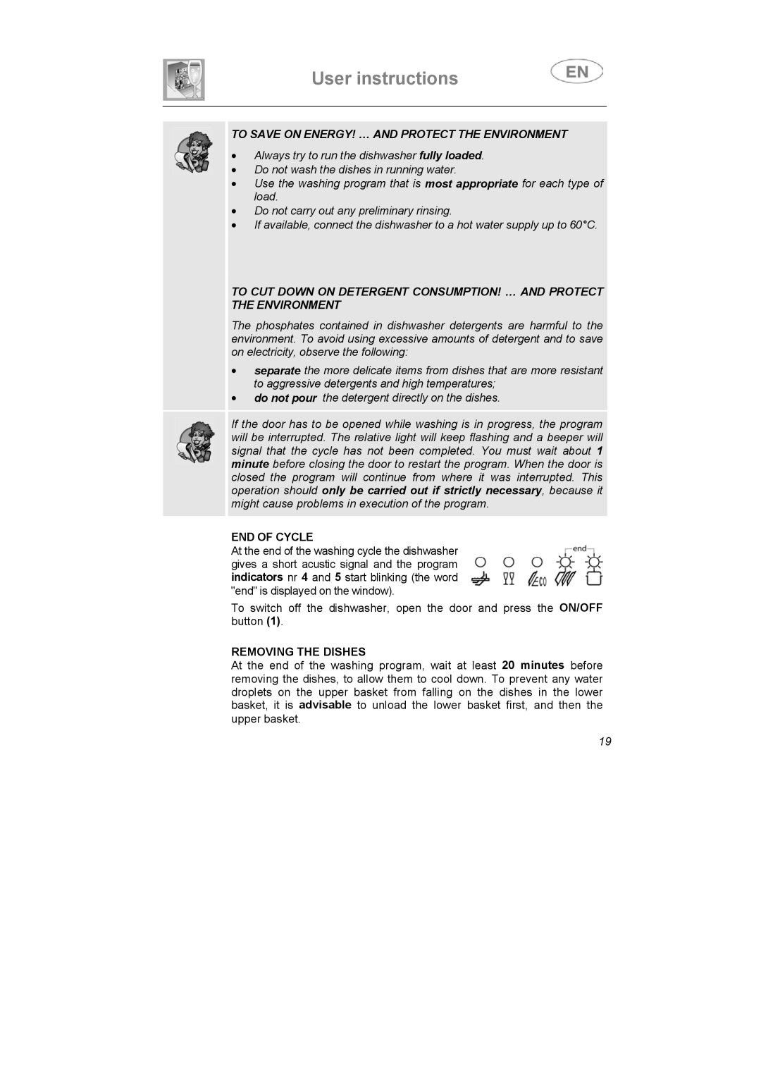 Smeg APL12-1 manual END of Cycle, Removing the Dishes 