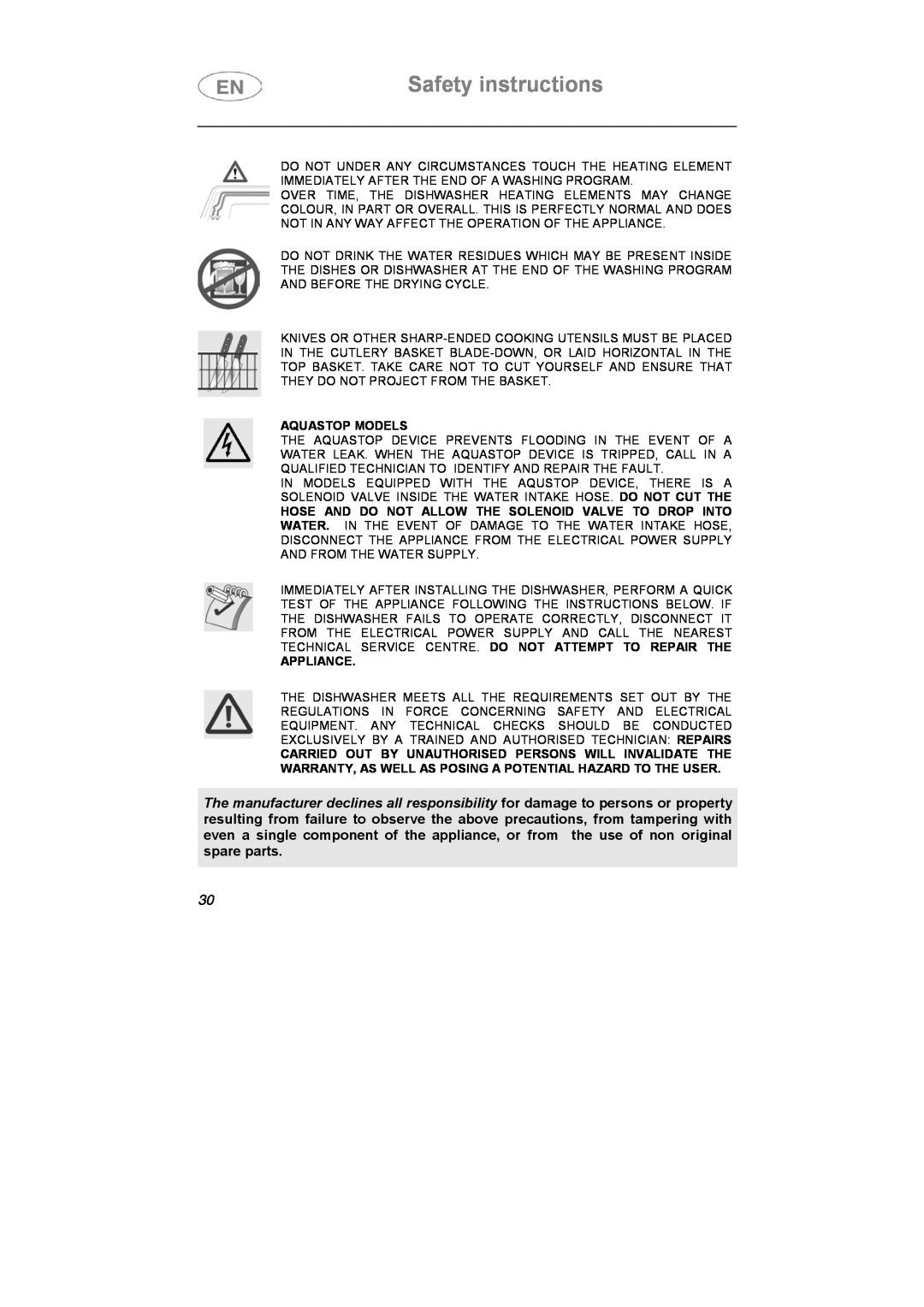 Smeg APL12-1 manual Safety instructions, Aquastop Models, Appliance 