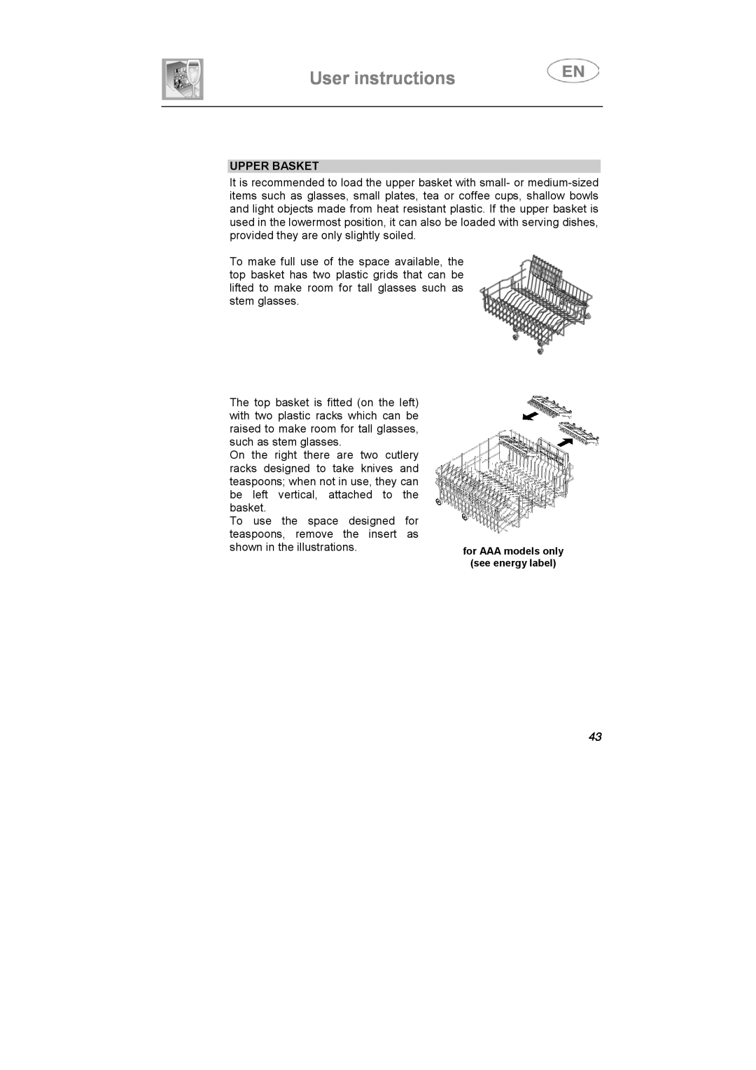Smeg APL12-1 manual User instructions, Upper Basket 