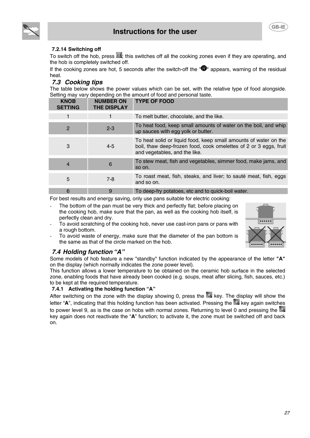 Smeg APL2640TC manual Cooking tips, Holding function a, Knob Number on Setting Display Type of Food 