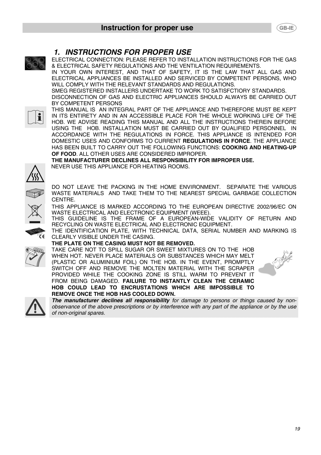 Smeg APL2640TC manual Instructions for Proper USE, Plate on the Casing Must not be Removed 