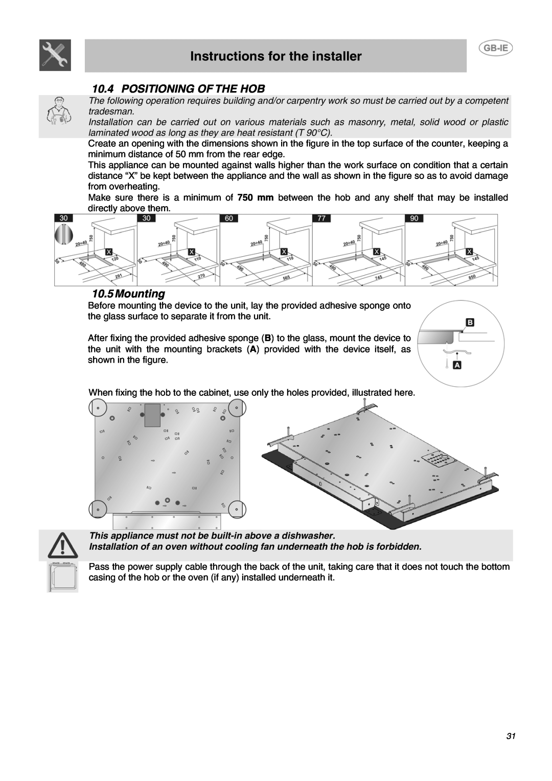 Smeg APL2640TC manual Positioning Of The Hob, Mounting, Instructions for the installer 