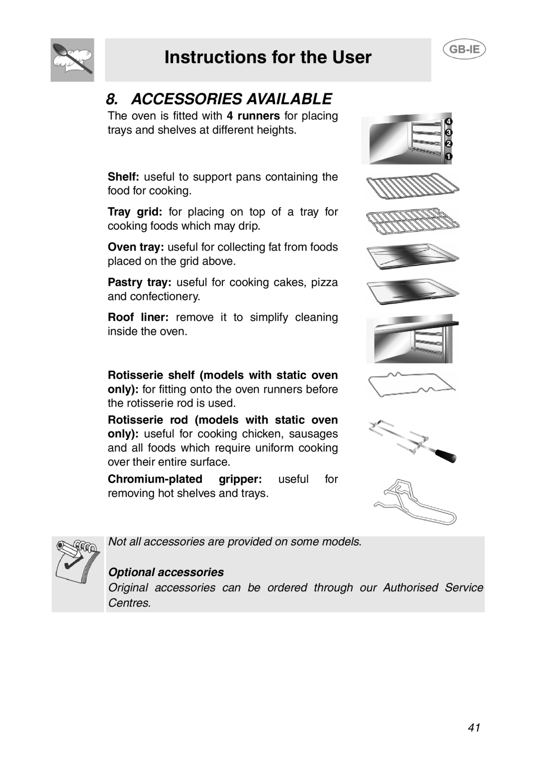 Smeg APL360XC1 manual Accessories Available, Rotisserie rod models with static oven 