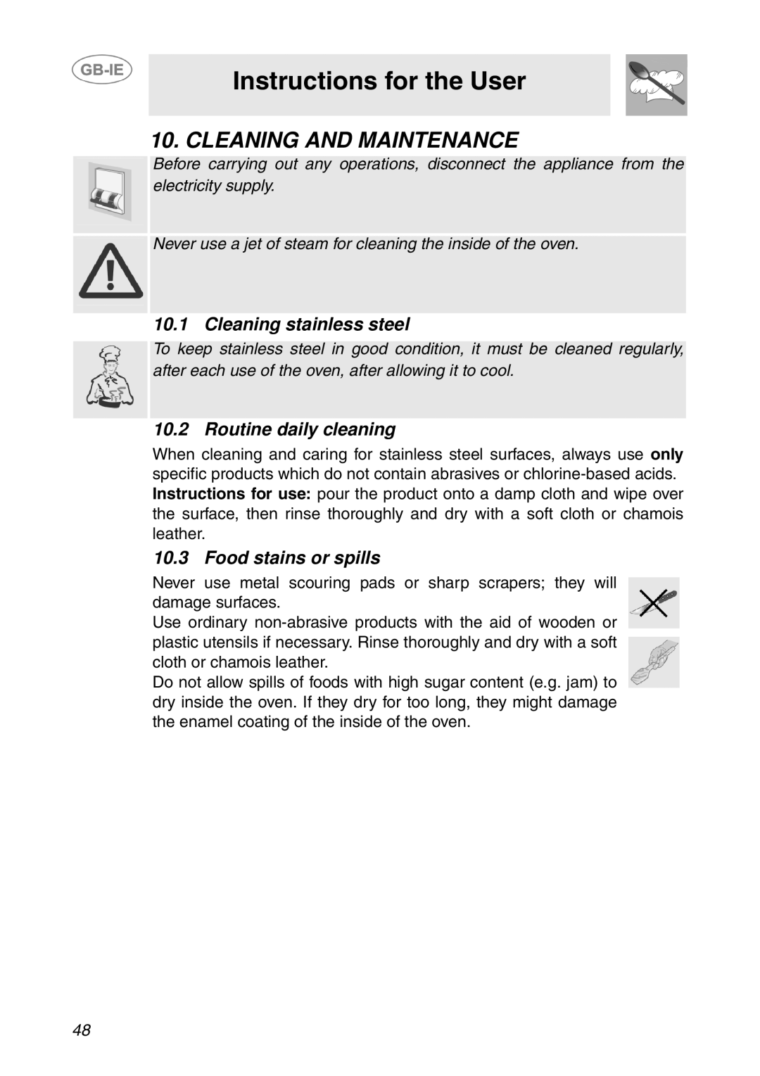 Smeg APL360XC1 manual Cleaning and Maintenance, Cleaning stainless steel, Routine daily cleaning, Food stains or spills 