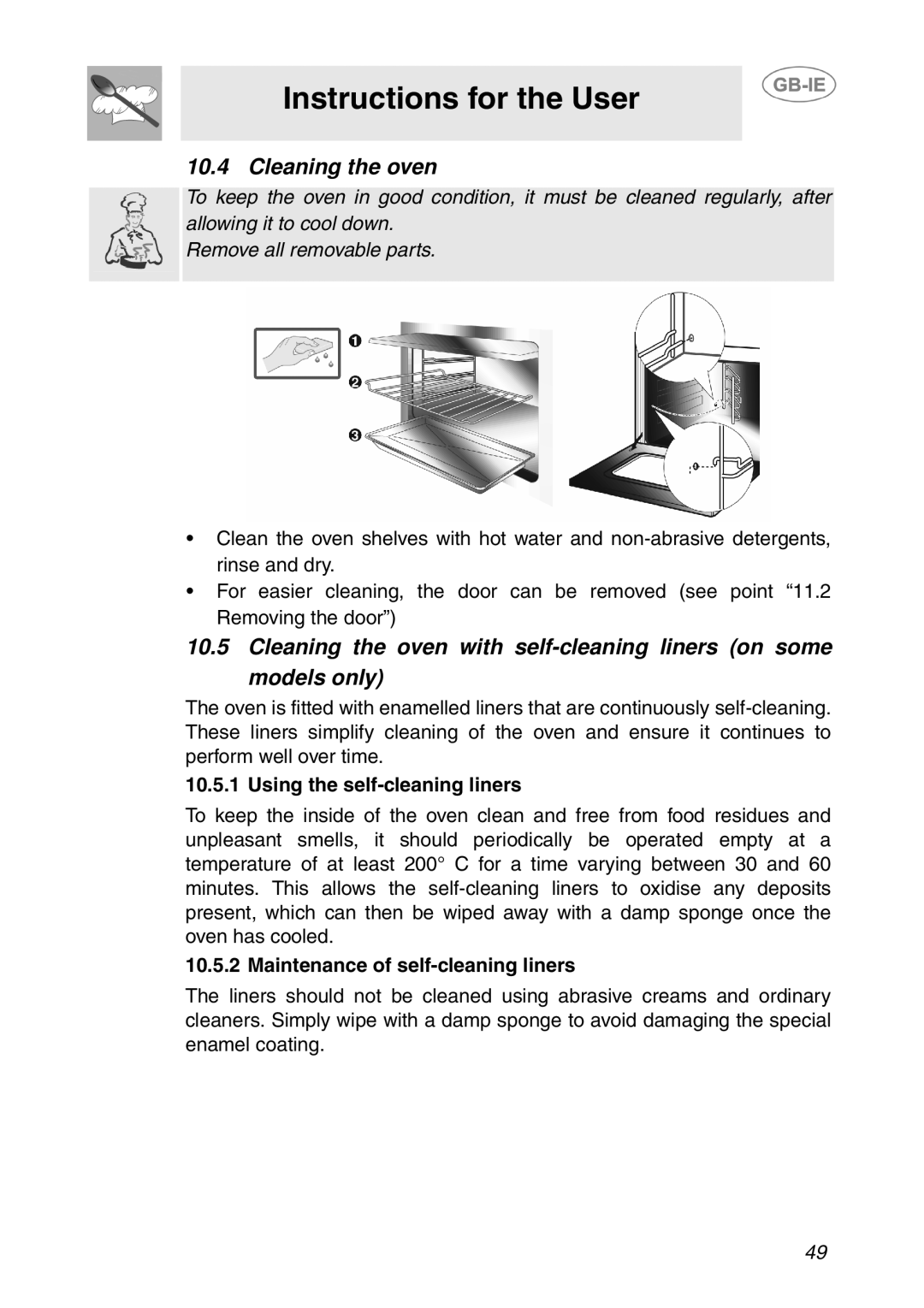 Smeg APL360XC1 manual Cleaning the oven, Using the self-cleaning liners 