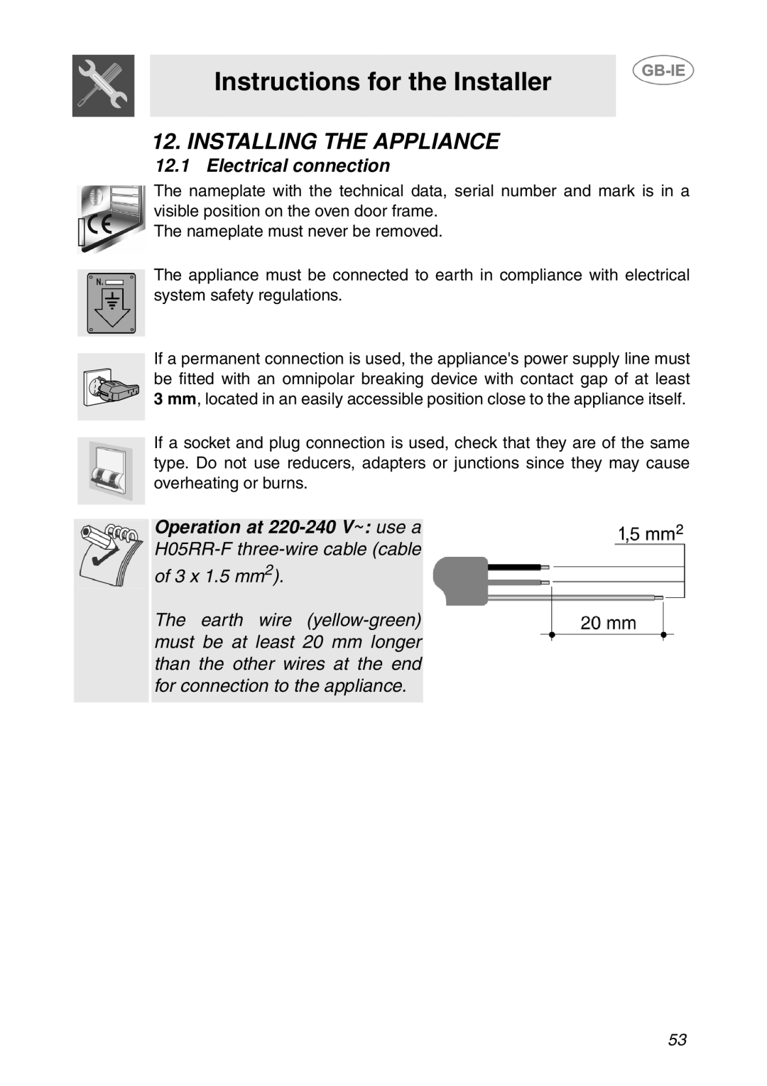 Smeg APL360XC1 manual Installing the Appliance, Electrical connection 