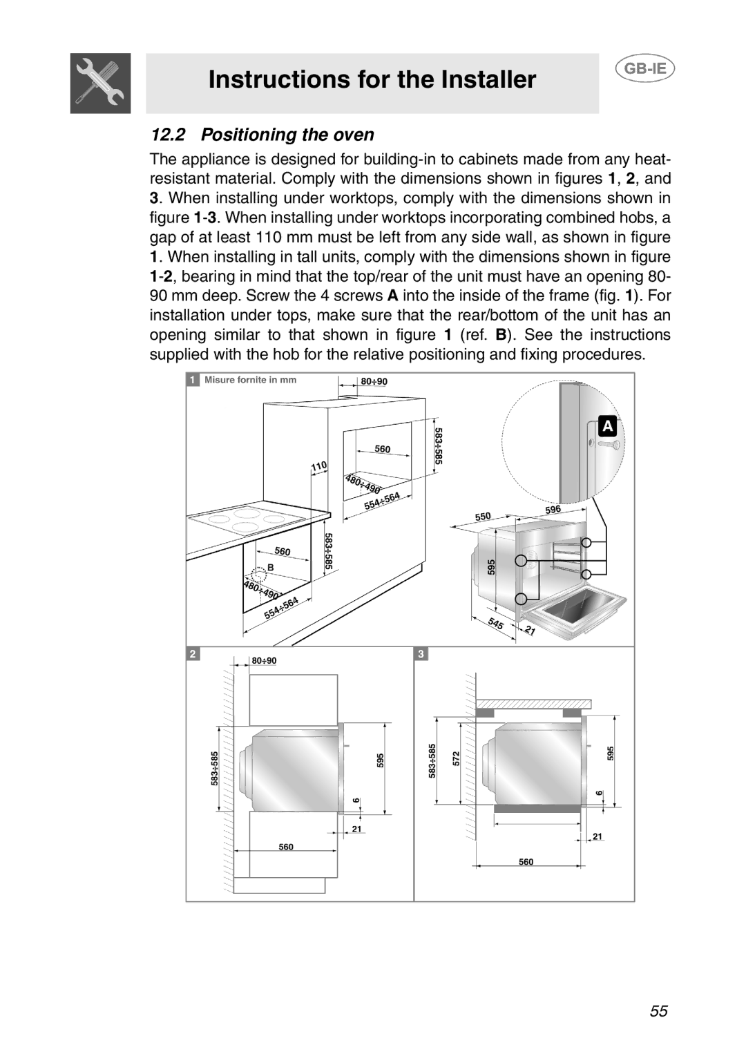 Smeg APL360XC1 manual Positioning the oven 