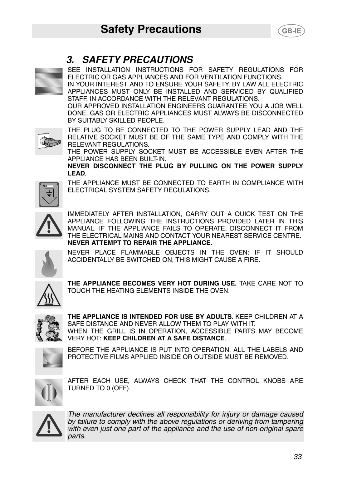 Smeg APL360XC1 manual Safety Precautions 