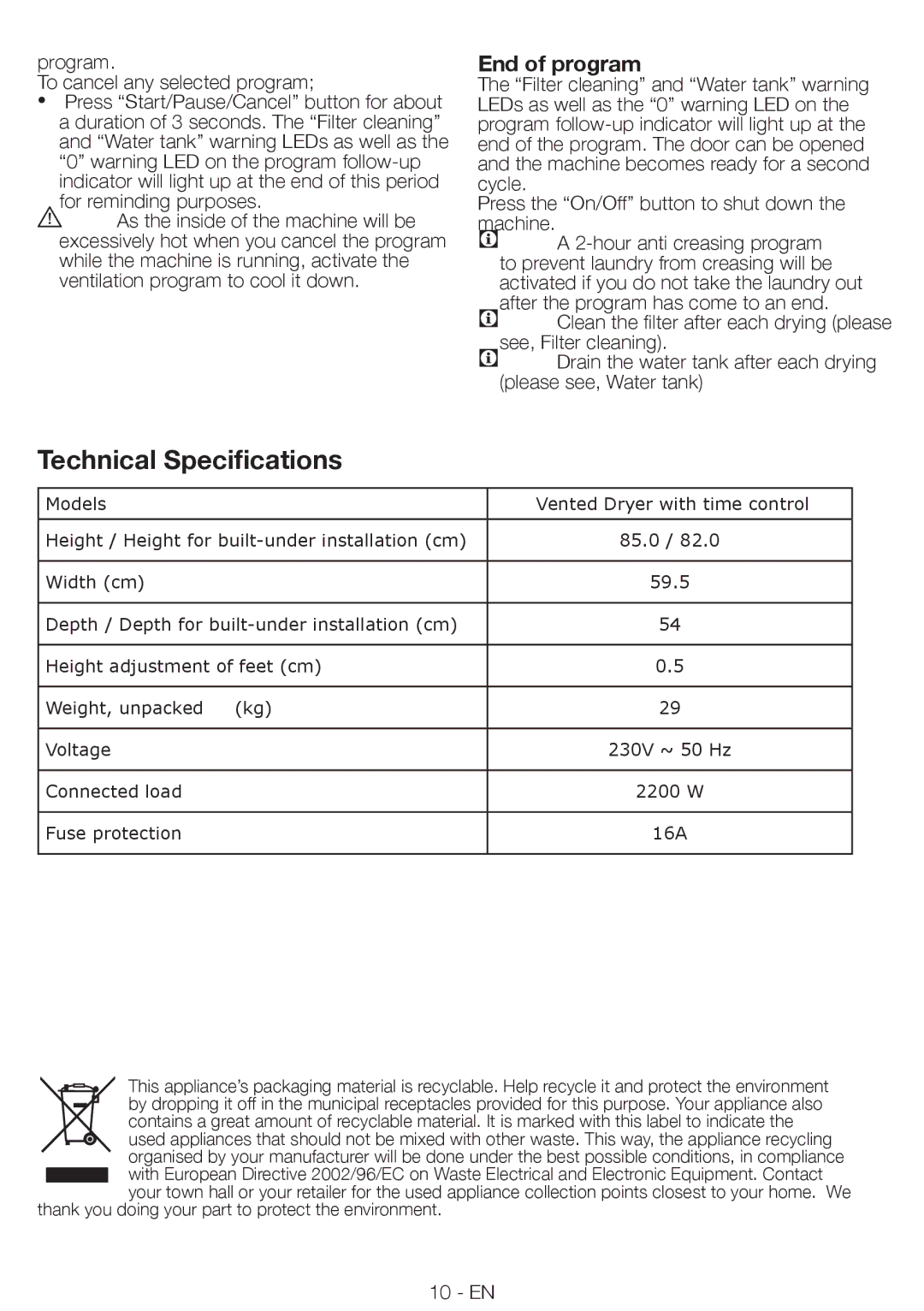 Smeg AS 61 E manual End of program, Program To cancel any selected program 