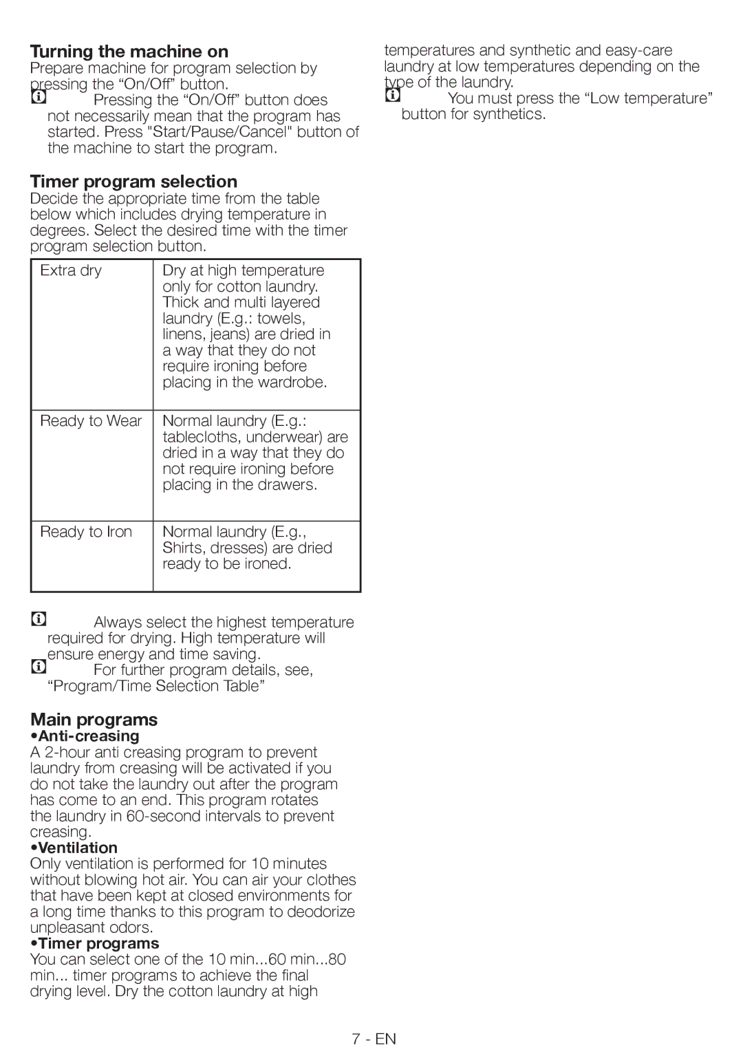 Smeg AS 61 E manual Turning the machine on, Timer program selection, Main programs 