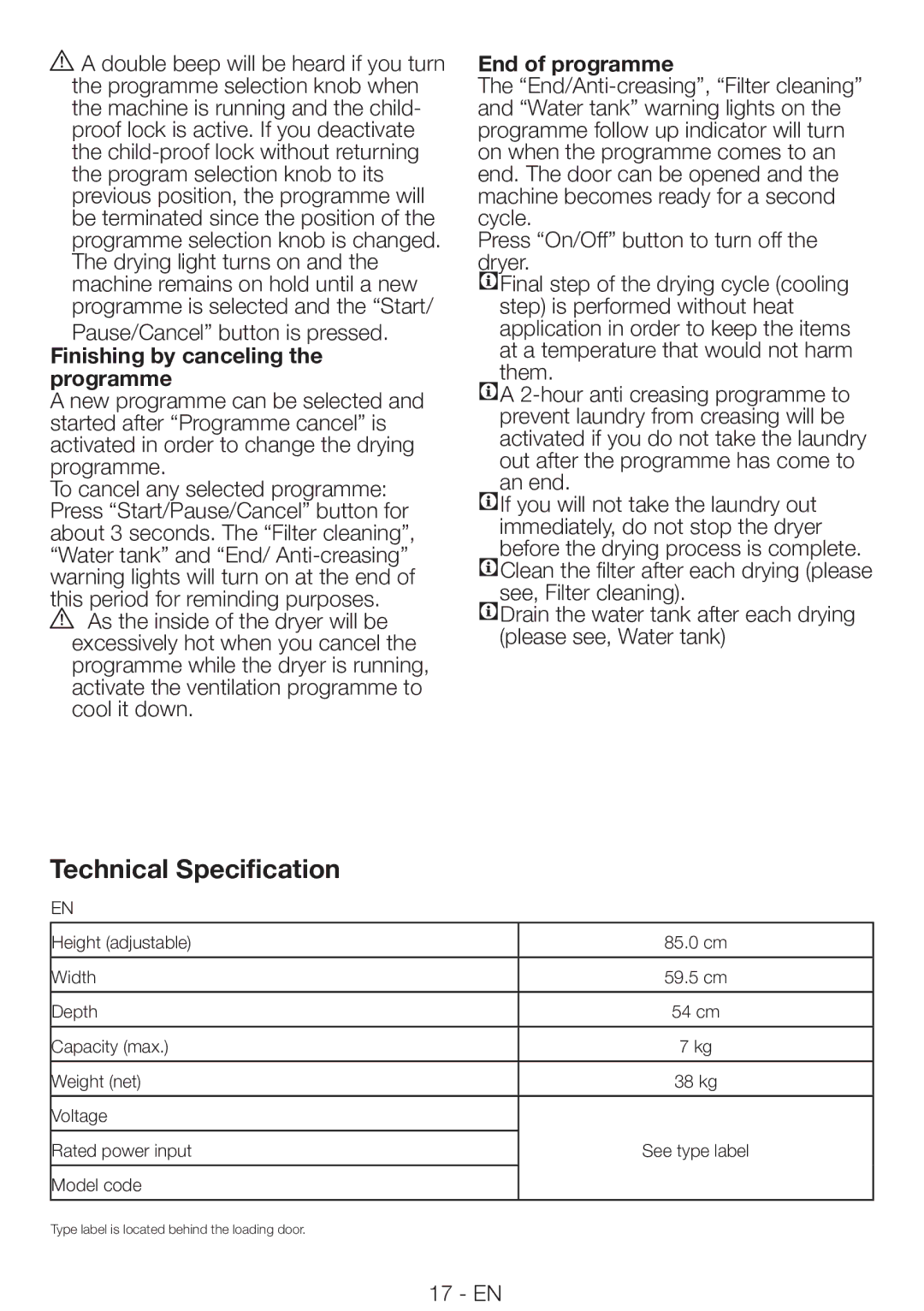 Smeg AS 73 CS manual Technical Specification, Finishing by canceling the programme, End of programme 