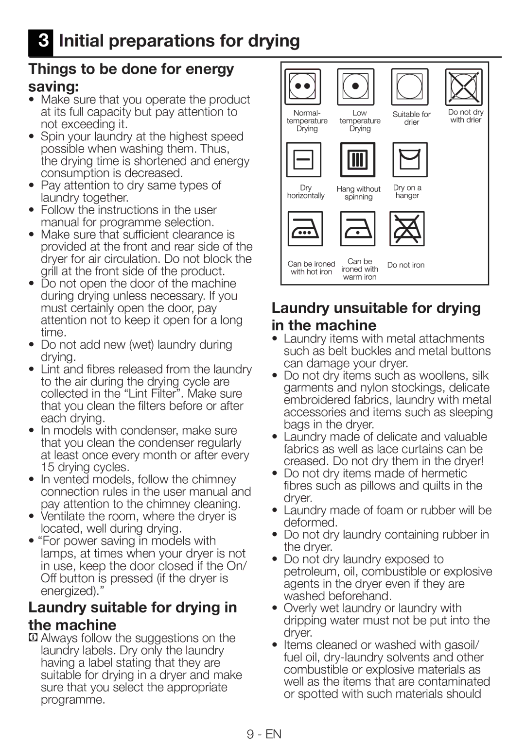 Smeg AS 73 CS manual Initial preparations for drying, Things to be done for energy saving 