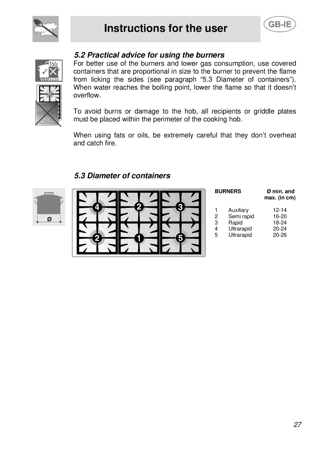 Smeg AS21T76F manual Practical advice for using the burners, Diameter of containers 