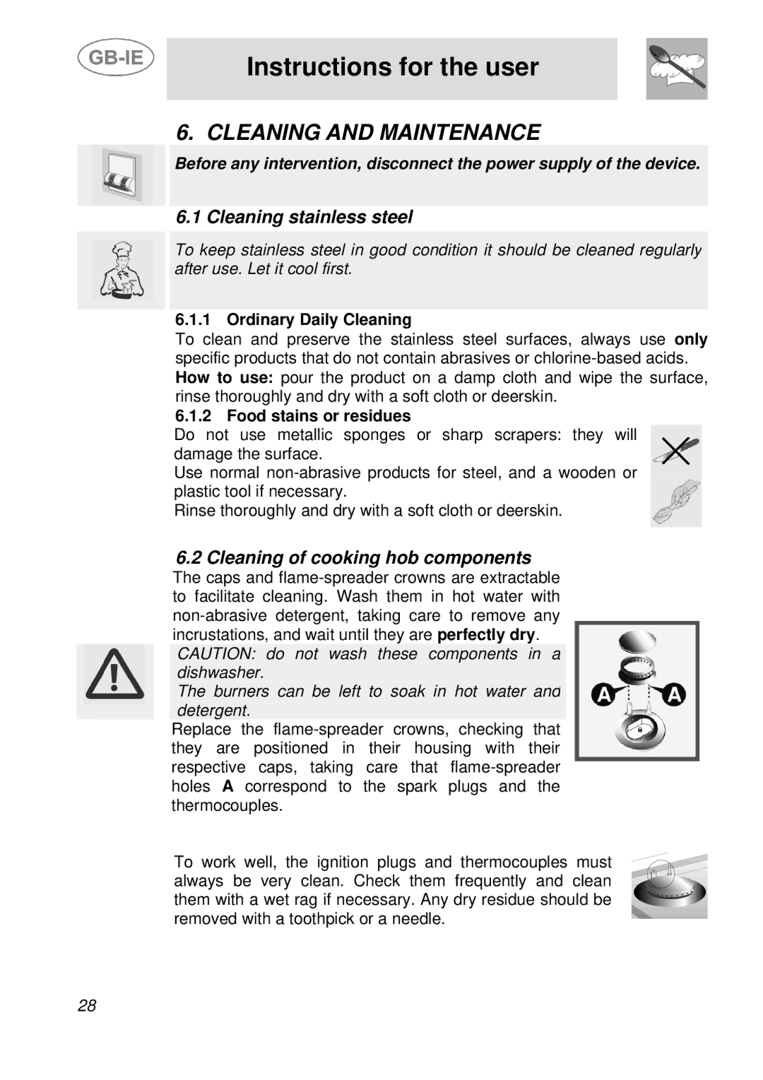 Smeg AS21T76F manual Cleaning and Maintenance, Cleaning stainless steel, Cleaning of cooking hob components 