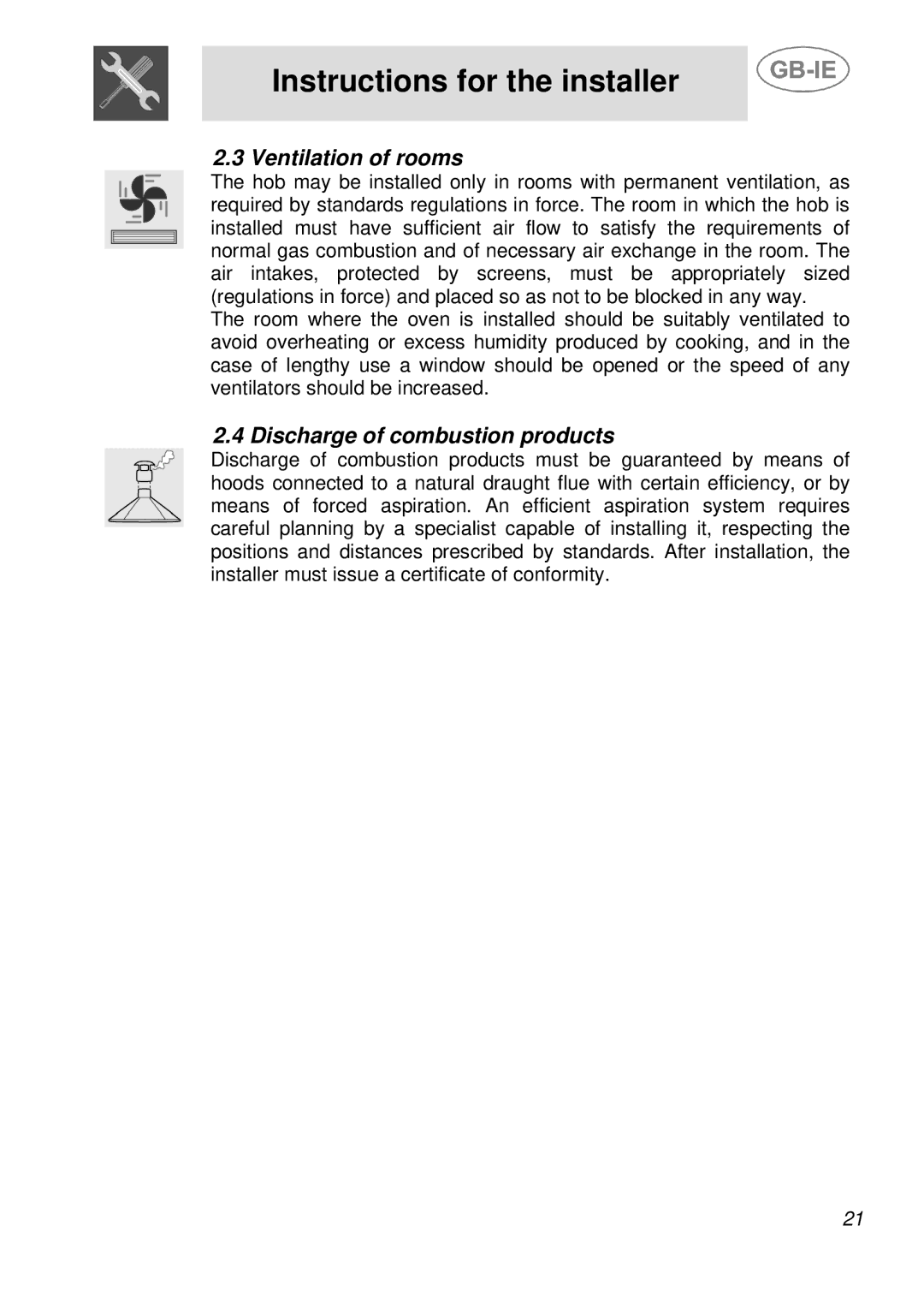 Smeg AS21T76F manual Ventilation of rooms, Discharge of combustion products 