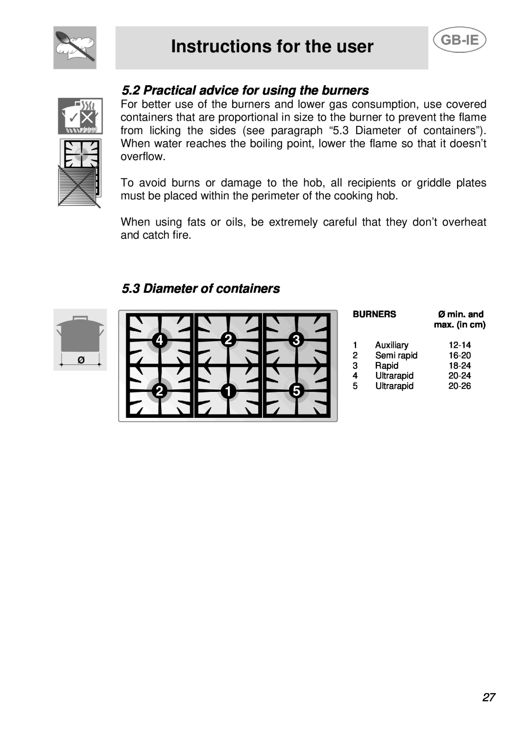 Smeg AS21T76F manual Practical advice for using the burners, Diameter of containers, Instructions for the user, Burners 