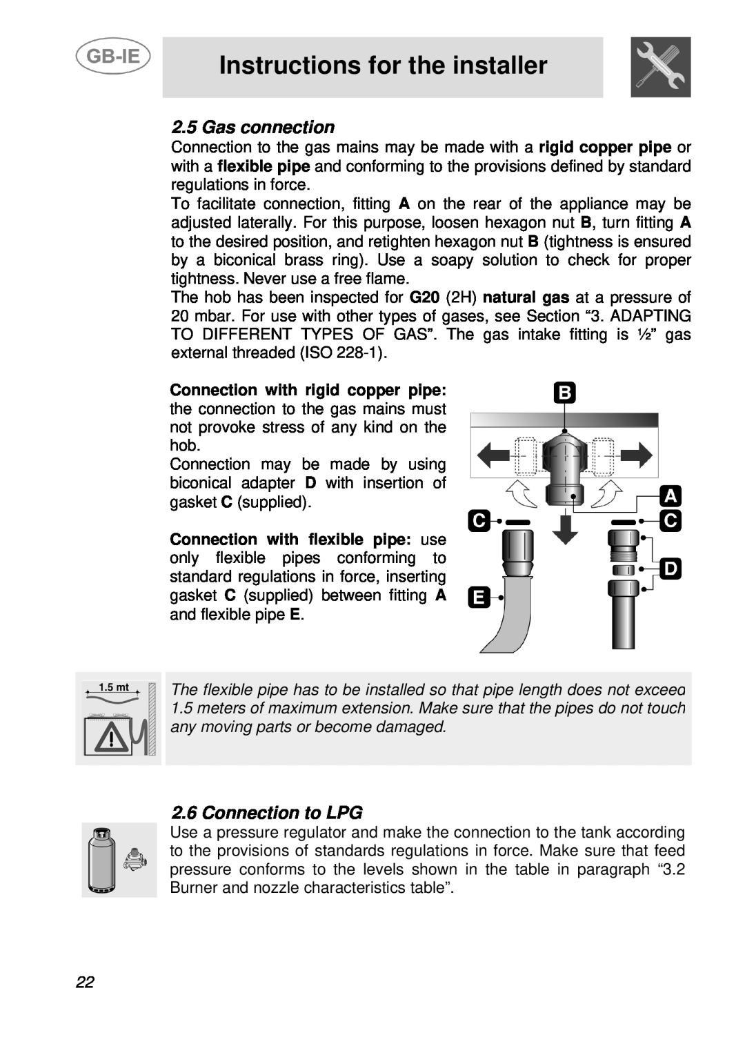 Smeg AS21T76F manual Gas connection, Connection to LPG, Instructions for the installer 