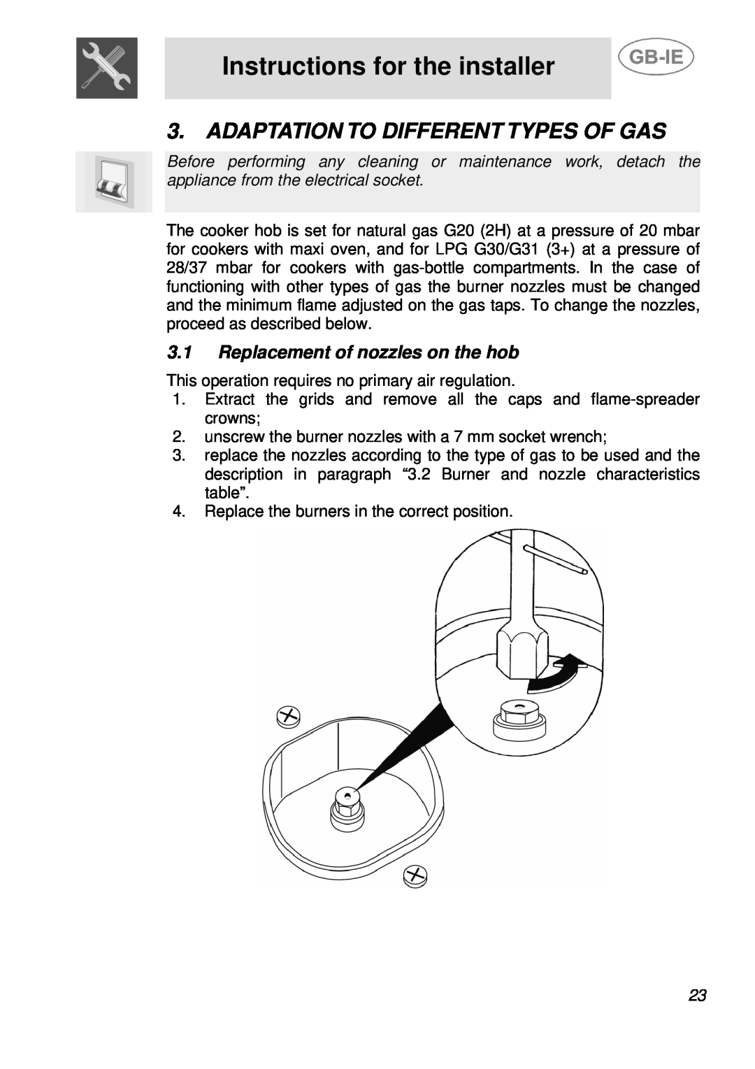 Smeg AS21T76F Adaptation To Different Types Of Gas, Replacement of nozzles on the hob, Instructions for the installer 