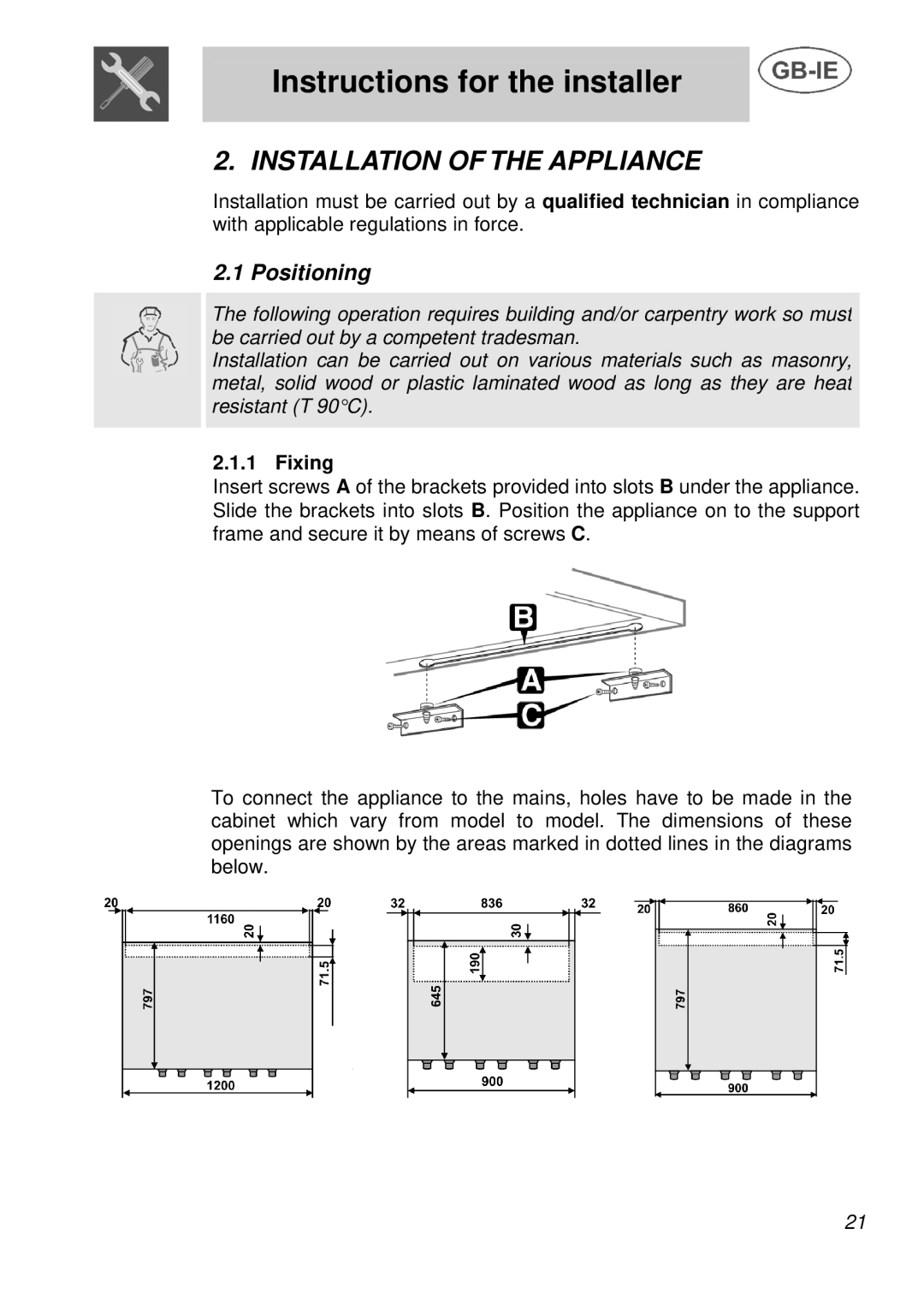 Smeg AS28I96L manual Instructions for the installer, Installation of the Appliance, Positioning 