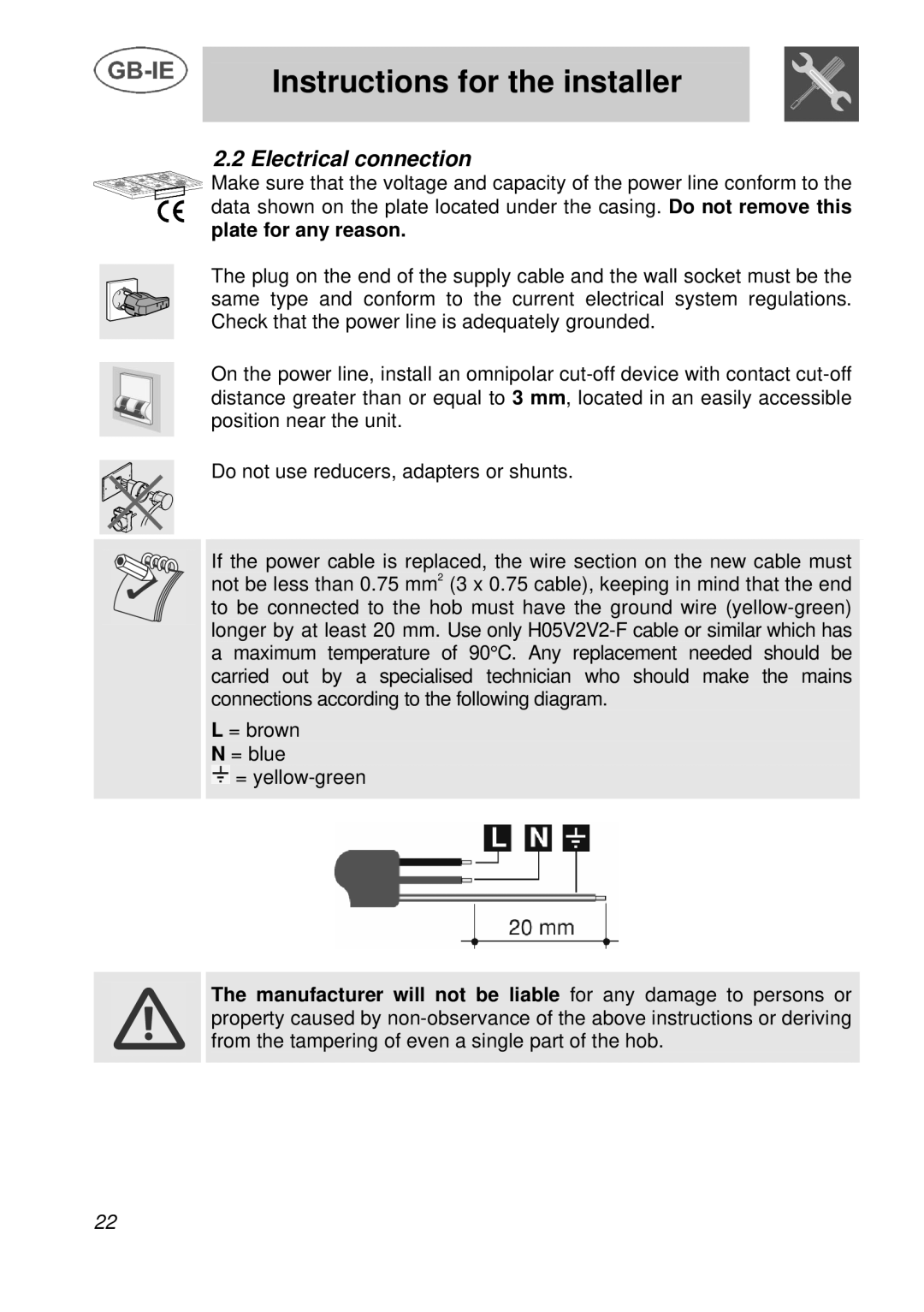 Smeg AS28I96L manual Electrical connection 