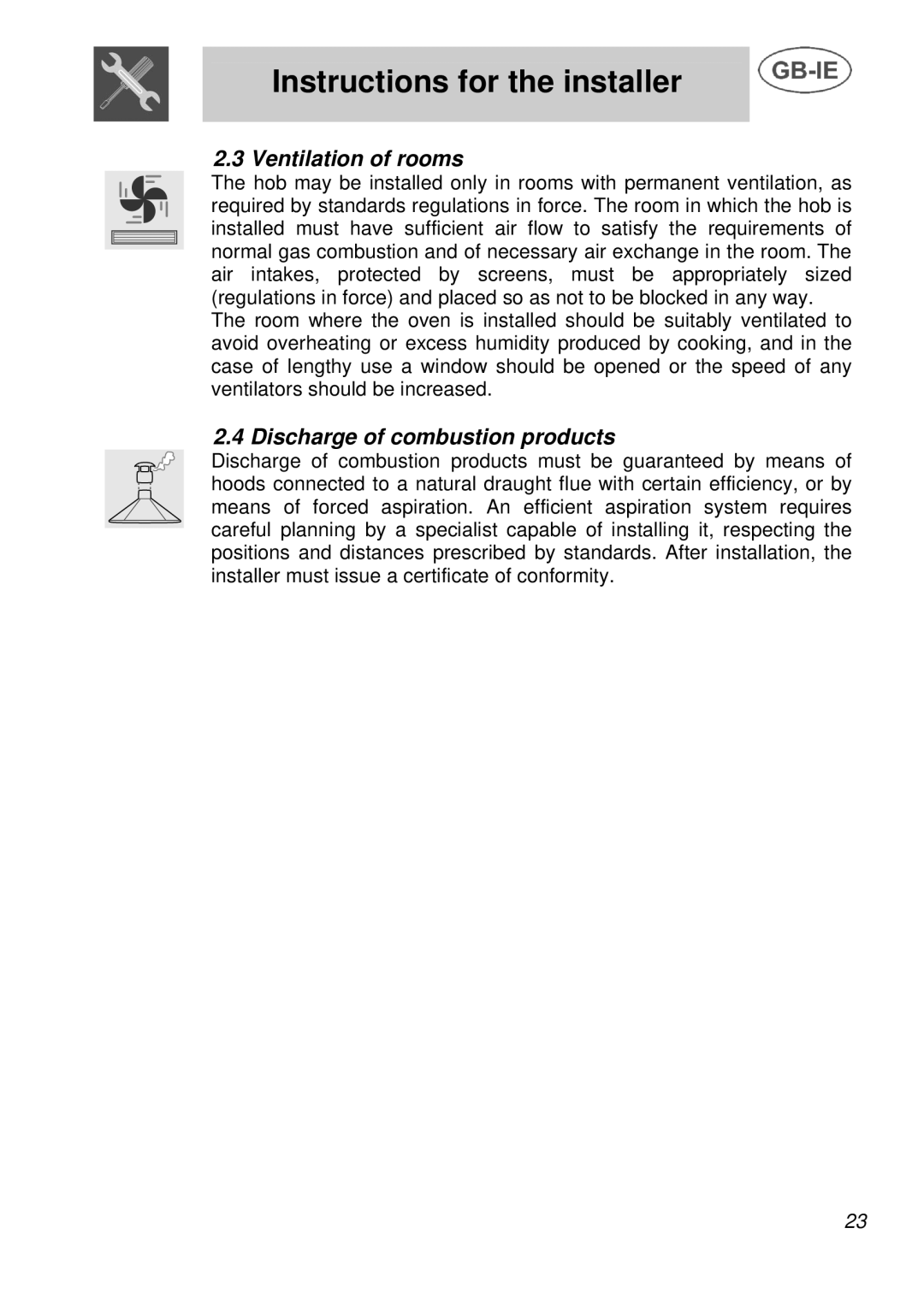 Smeg AS28I96L manual Ventilation of rooms, Discharge of combustion products 