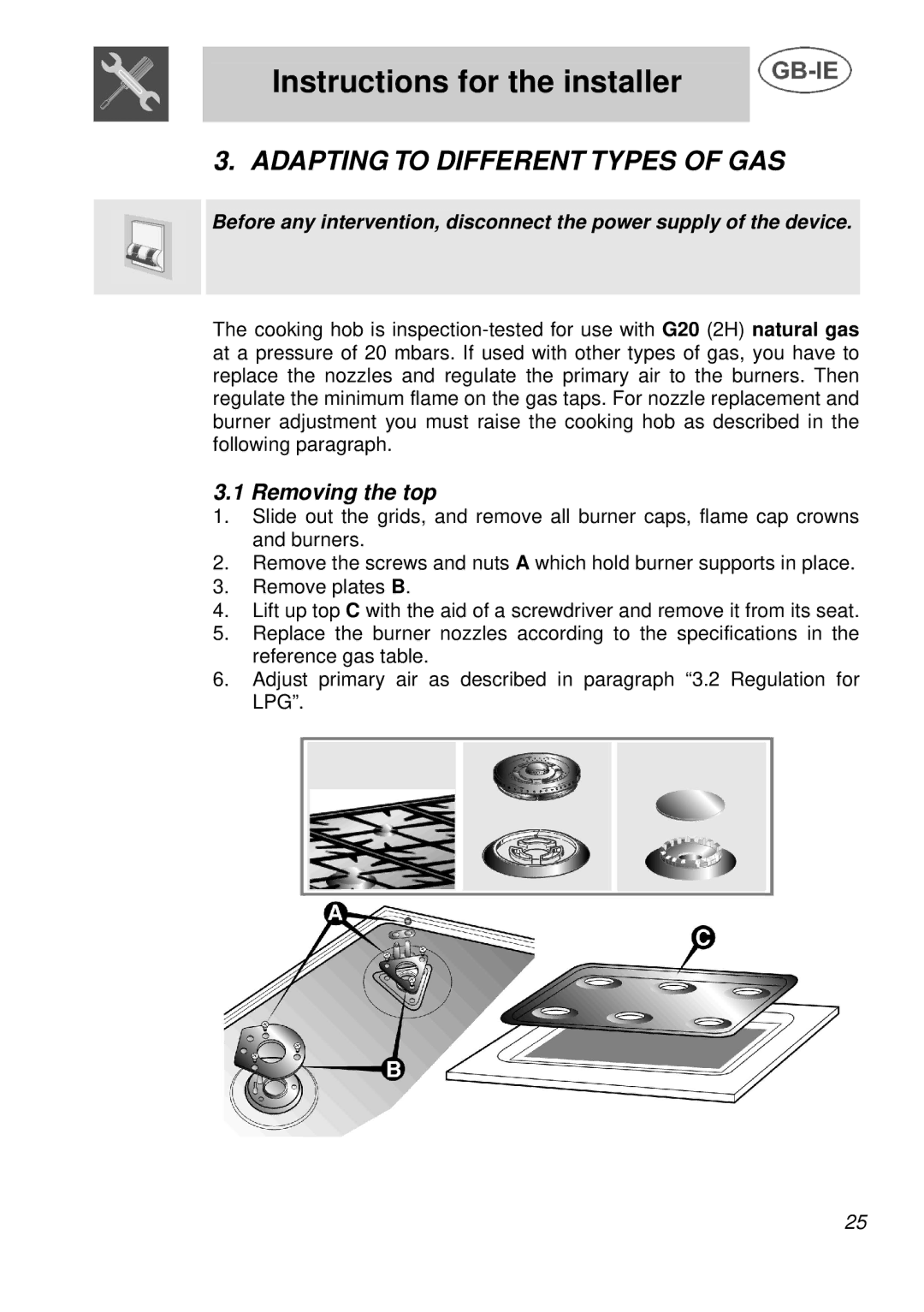 Smeg AS28I96L manual Adapting to Different Types of GAS, Removing the top 