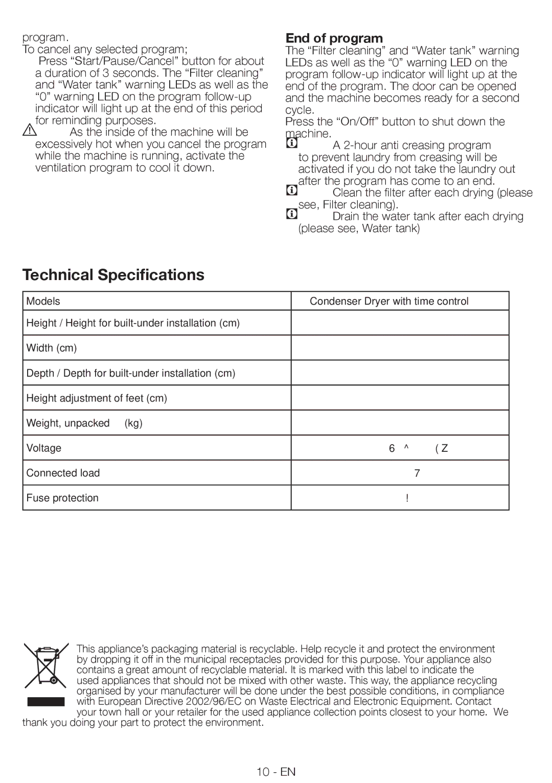 Smeg AS62C manual End of program, Program To cancel any selected program 