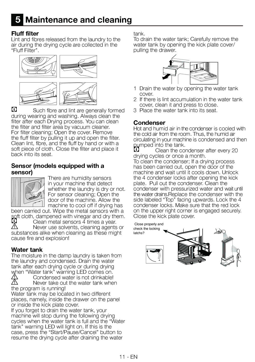 Smeg AS62C manual Maintenance and cleaning, Fluff filter, Sensor models equipped with a sensor, Water tank, Condenser 