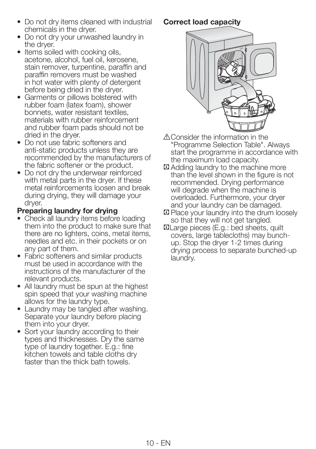 Smeg AS73CES manual Preparing laundry for drying, Correct load capacity 